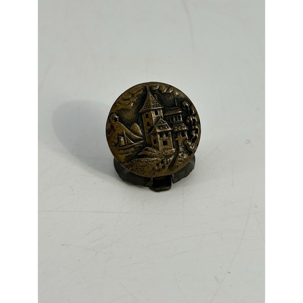 Antique Brass Pictorial Picture Button Cufflink Embossed Manor House